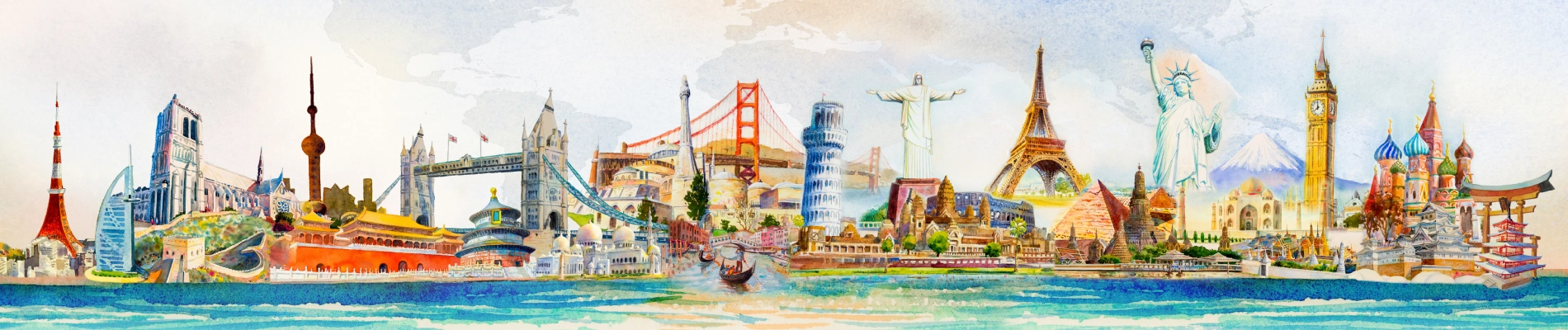 Koláž světových památek v akvarelovém stylu, včetně Eiffelovy věže, Sochy Svobody, Big Benu, Chrámu Vasila Blaženého a dalších od STUDENT AGENCY
